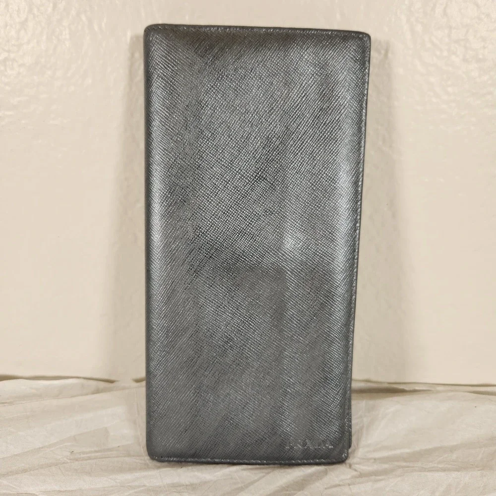 PRADA Saffiano Leather Long Bifold Wallet Argento Silver Metallic Gray